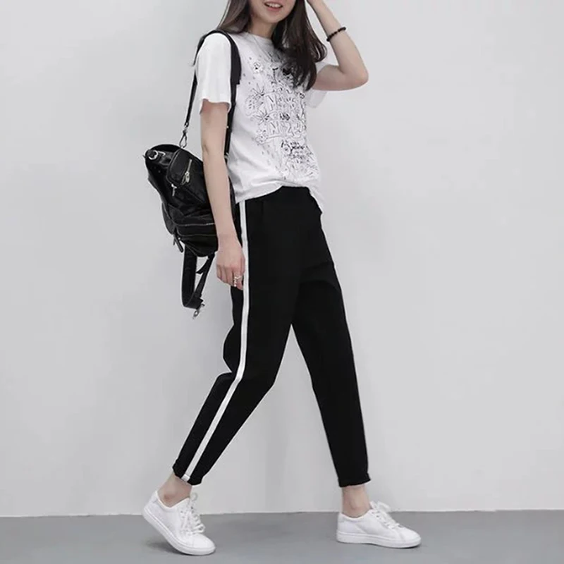 

Bigsweety Autumn Harem Pants New Casual Long Trousers For Women Black Side Striped Thin Ankle-Length Pants Female Pencil Pant