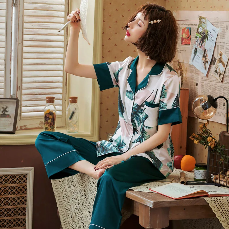 

Fashion Women Wear Clothes 2019 Summer Autumn Short Sleeved Silk Women Pajamas Set Loose Women Long Pant Sleepwear Sets Satin