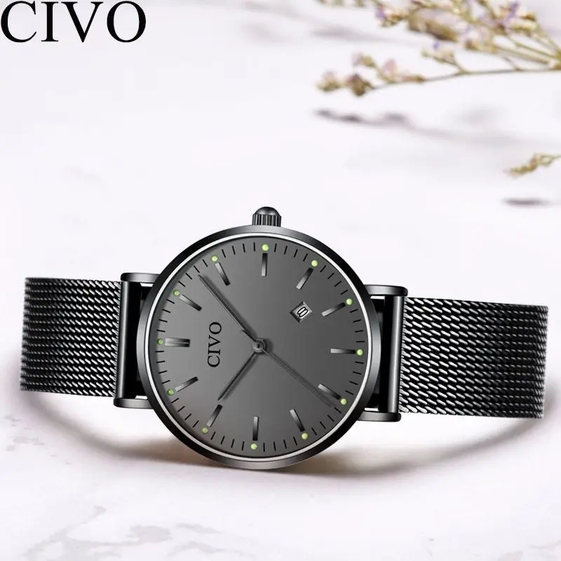 

CIVO Luminous Mens Watches Women Waterproof Fashion Black Mesh Watch Date Calendar Casual Wrist Watch Couple Gift Quartz Clock