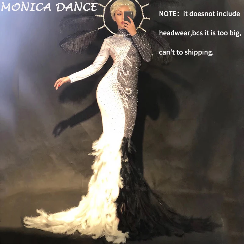 

Nightclub Female Singer Show Clothes Women Birthday Dress Glisten Rhinestones Feather Black White Long Dress Evening Party Dress