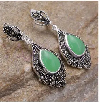Vintage Marcasite Natural Green Jade Teardrop Gems 925 Sterling Silver Pendant