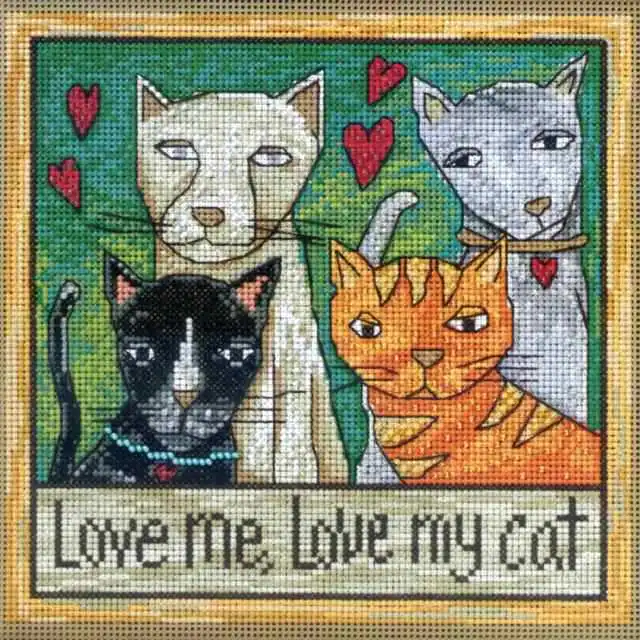 

14CT High quality Cross Stitch Kit Love Me Love My Cat Family Kitties