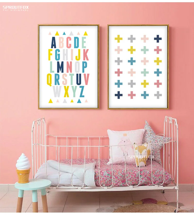 Красочные английские алфавиты типография плакат Детский принт в детскую художественную стену фото с изображением картины маслом на холсте художественные принты Декор детской комнаты