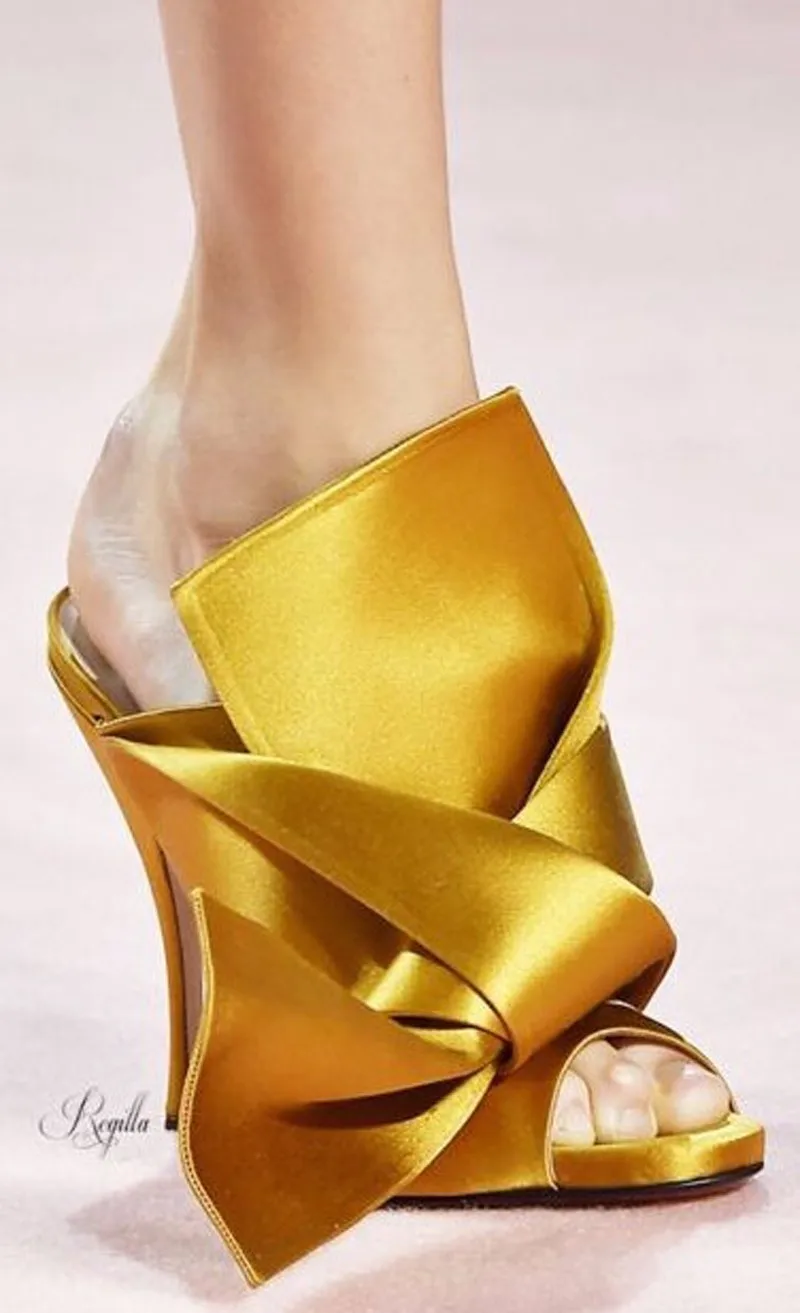 

New Arrivals Knot Embellished Woman Silk Summer Slides Sandals Peep Toe Thin High Heels Dress Paty Shoes Woman Slip-on Shoes