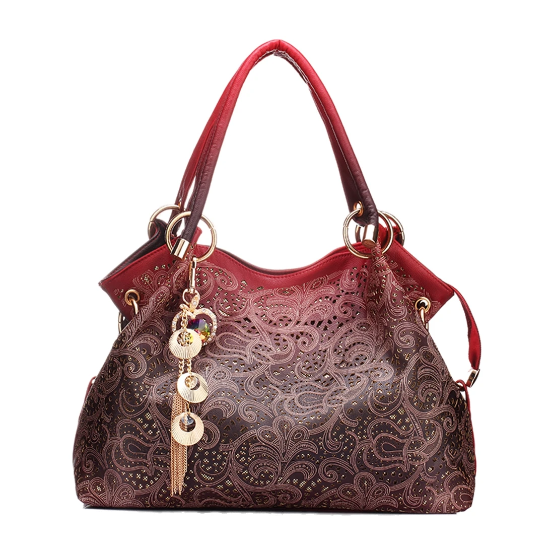 Женская кожаная сумка с вырезами, цветная градиентная сумка с кисточками, Женская Портативная сумка на плечо