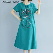 Mujeres Vintage Floral bordado Ethenic vestidos Vestido de cuello redondo de manga corta Casual Vestido de lino de algodón Midi