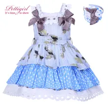 Pettigirl Nouvelle D’été Bleu Points Imprimé Fille Robe Avec Bow Taille Haute Enfants Robe Boutique Enfants Porter Avec Bandeaux 001-1297
