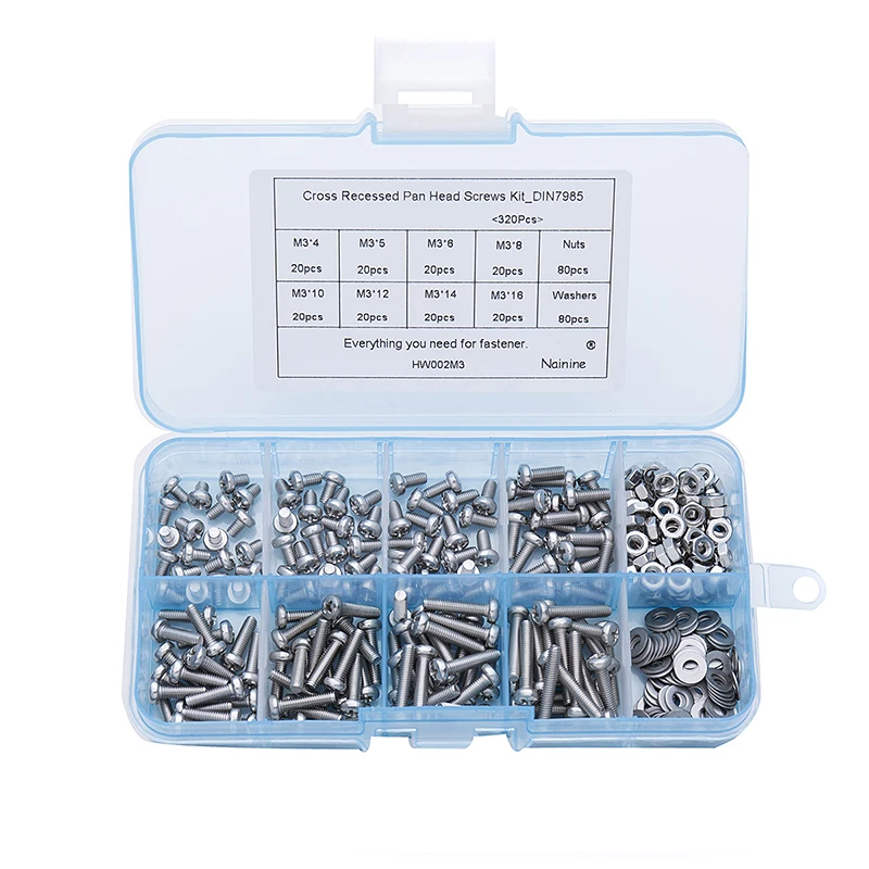 

320Pcs/set M2 M2.5 M3 DIN7985 GB818 Cross Recessed Pan Head Screws Phillips Screws Assortment Kit HW002