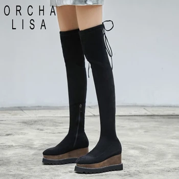 

ORCHA LISA Shoes Woman Over the Knee Boots Riding Boots Female Square Toe Platform Winter Boots Black Mujer Botas Feminina J431