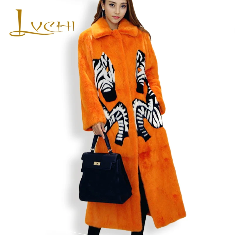 

LVCHI Women Noble Print Fox Real Fur Coat 2019 Leather Fur Turn -Down Collar Zebra Denmark X-Long Mink Swan Velvet Mink Coats