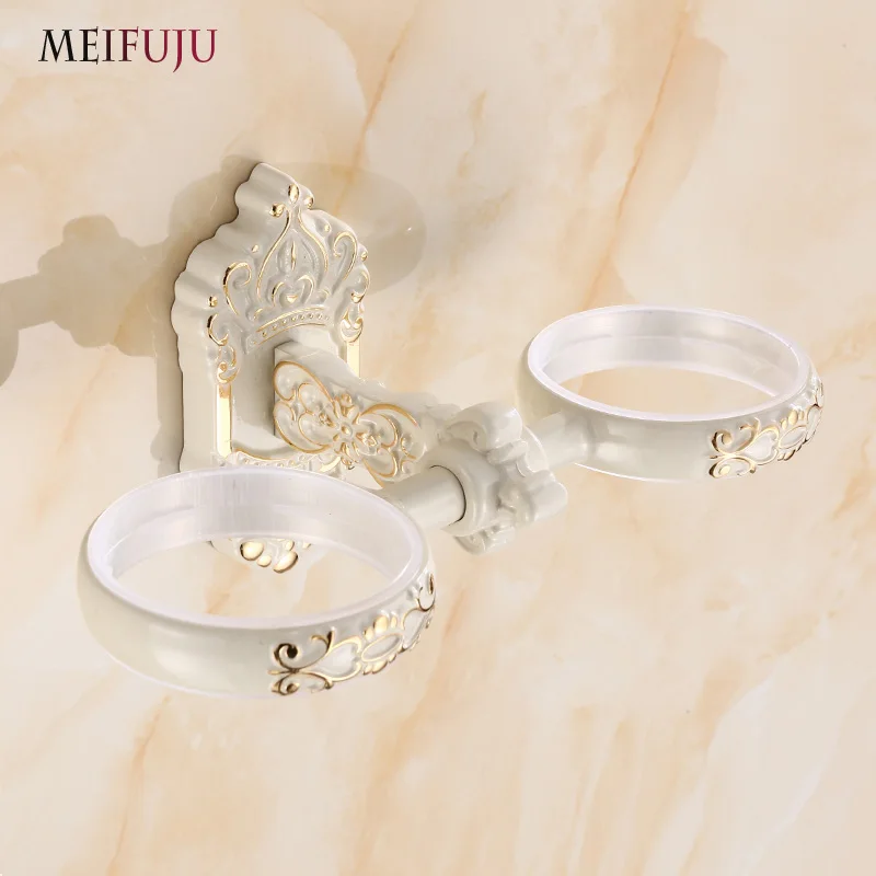 MEIFUJU Aluminum Antique Tumbler Toothpaste Toothbrush Holder with Double Ceramics Cups Tumbler Holders White Wall Mounted