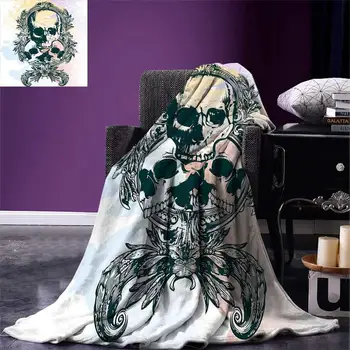 

Skull Throw Blanket Scary Deadly Rocker Skeleton Head Trio with Frames from Leaves Image Warm Microfiber Blanket