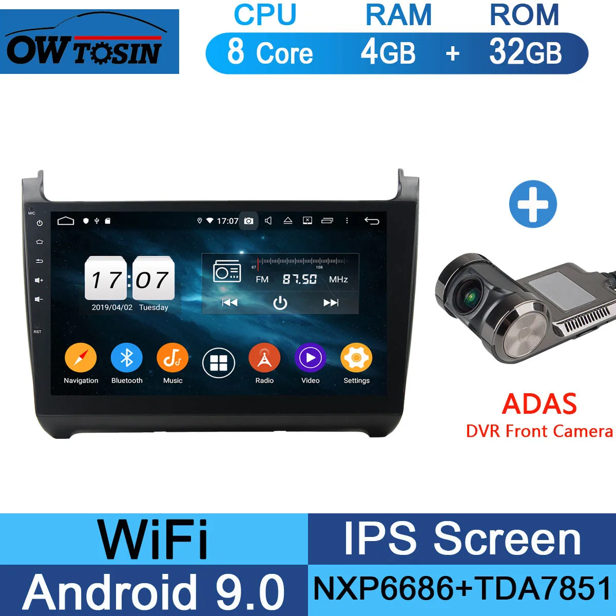 10," ips Android 9,0 8Core 4G ram+ 64G rom автомобильный dvd-плеер для Volkswagen VW Polo 2011- gps Радио TPMS CarPlay ADAS Parrot BT - Цвет: 32G Adas Camera