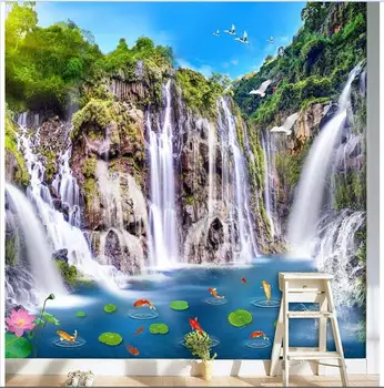 

Custom photo 3d wallpaper Non-woven mural wall sticker Landscape waterfalls lotus carp painting picture 3d room murals wallpaper