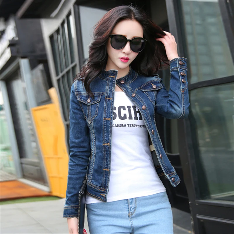 Autumn 2017 Denim Jacket For Women Blue Color Long Sleeve Slim Wild Jeans Jacket Women Slim Single Button Denim Coat Outwear