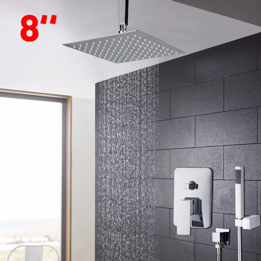 

Good Quality Three Color Changing 8" Wall Mount Rainfall Shower Head With Hand Held Shower Set Shower Faucets