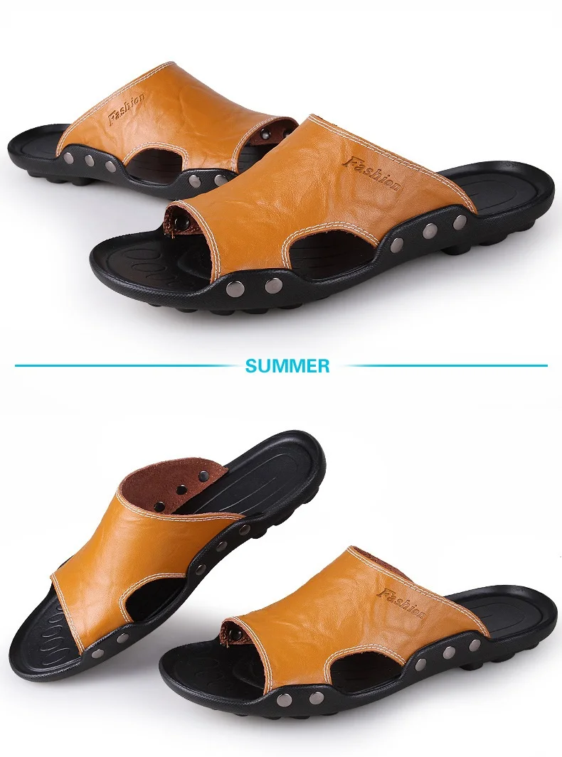 2018 New Men Genuine Leather Holiday Beach Shoes Flip Flops Men's Casual Flat Shoes Sandals Summer Slippers For Men (8)