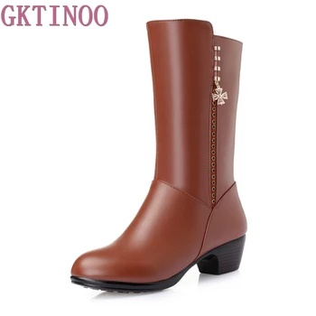 

Winter Boots Fashion Genuine Leather+PU Shoes Thick Heel Mid Calf Boots 2017 Women's Fashion Comfortable Shoe Black Plus Size