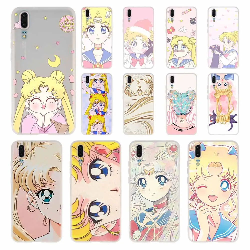 

MLLSE Case Silicone Soft TPU Cover For Huawei P30 P20 Pro P10 P9 P8 Plus Lite 2019 Cases anime sailor moon lune cat
