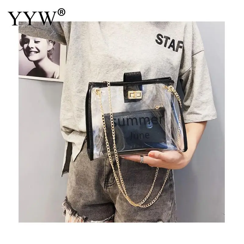 black Bolso Transparente Mujer Желейная сумка из ПВХ роскошные Сумки Для женщин сумки дизайнер ясно золотая цепь Лето Прозрачный кошелек для Для женщин - Цвет: black