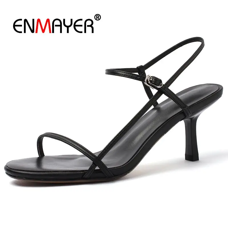 

ENMAYER Genuine Leather Basic 2019 Summer Fashion High Heel Sandals Party Solid Woman Sandals Summer Size 33-43 LY1514