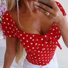 Sexy Women Boho Dot Print Ruffle Short Sleeves Shirt Bowknot Bandage Slim Blouse arrival Ladies Summer Casual Tops Blouse S-XL daisy print ruffle trim blouse