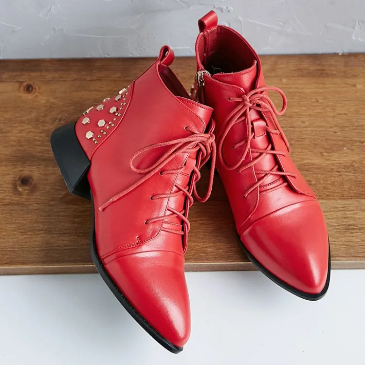 

MLJUESE 2020 women ankle boots soft cow leather autumn spring red color rivets pointed toe low heels women boots size 34-43