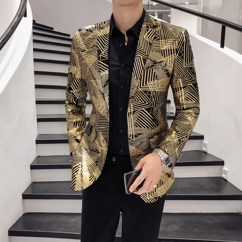 

Luxury Gold Stripes Print Blazer Masculino Slim Fit Men Blazer Hombre Plus Size 5xl Stage Cloth For Dj Singer Chaqueta Hombre