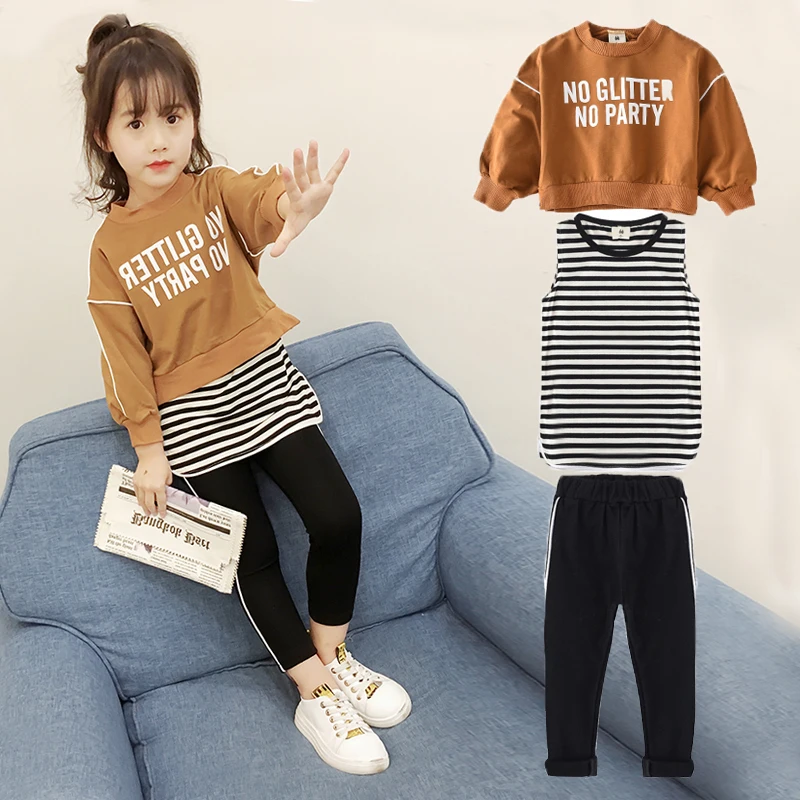 

2018 Spring Fall New Girls 3 Pcs Set Children's Wear Clothing Suit Female Kids Fashion Tops + Vest + Pants Child Casual Set A277