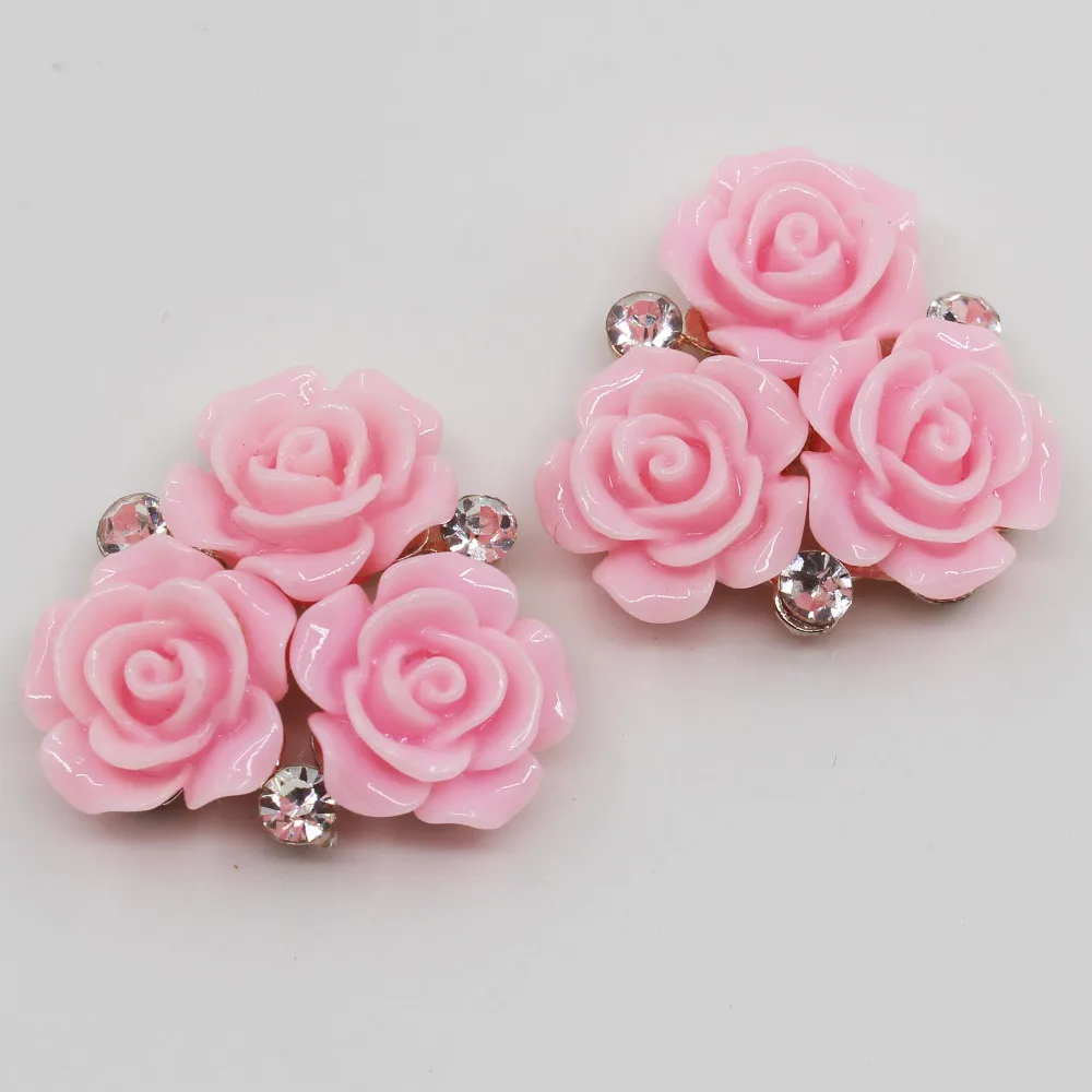 

New 10Pc 28MM Oval pink resin roses Button golden metal Wedding Bride holding flowers decorate hair accessories scrapbooking