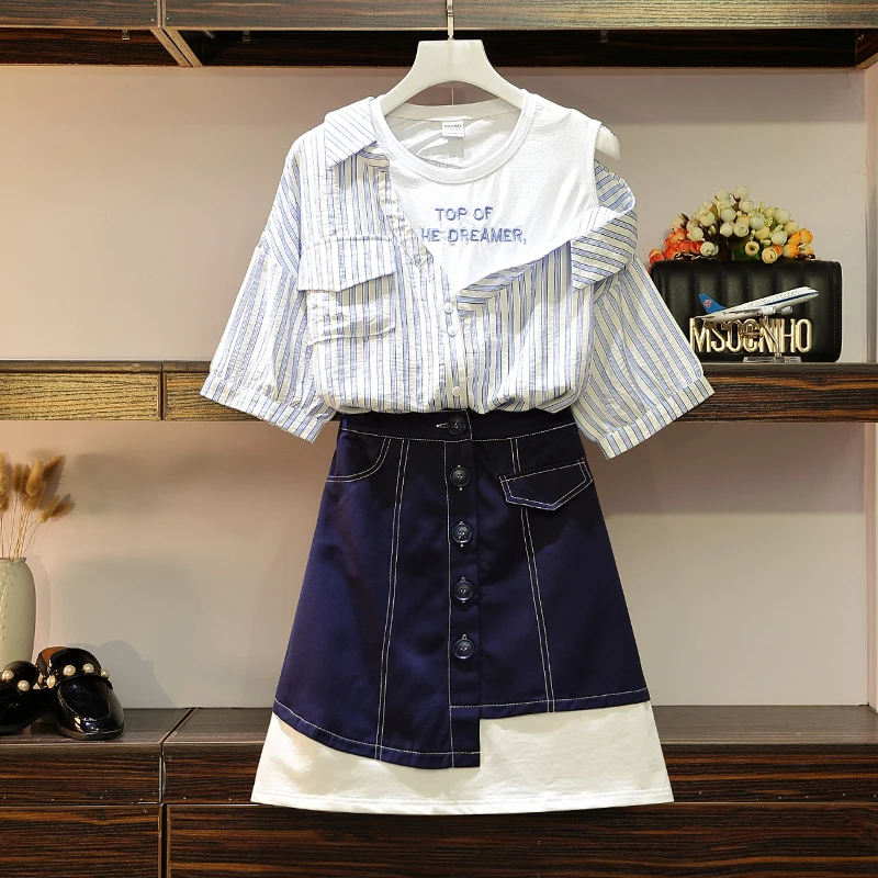 

S-5XL Women Blue Striped Blouses Yellow Shirts + Single Breasted Jeans Skirts 2 Pieces Clothing Sets Summer Suits Large Size