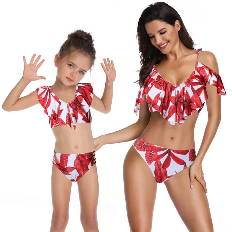 Mother Daughter matching Swimsuits Printing piece double lotus leaf Parent-Child Swimwear Family Matching Swimsuit Outfits - Color: 11