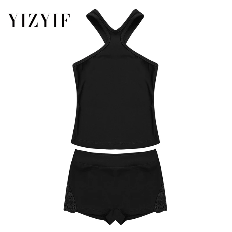 

YiZYiF Kids Girls Sports Clothes gymnastics leotard Outfit Racer Front and Back Tank Top with Bottoms Ballet Dance Gym Workout