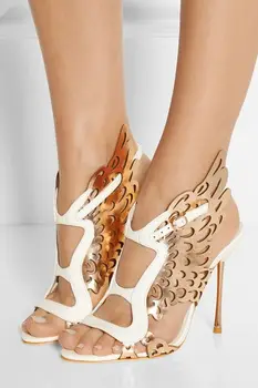 

Summer Fashion Cut Out Style Ladies Sexy High Heels Golden Leather Butterfly Wing Ladies Elegant Sandals Ankle Buckle High Heels