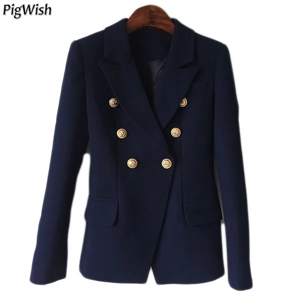 

New Fashion 2019 Designer Blazer Jacket Women's Double Breasted Metal Lion Buttons Suit Blazer Coat Outer