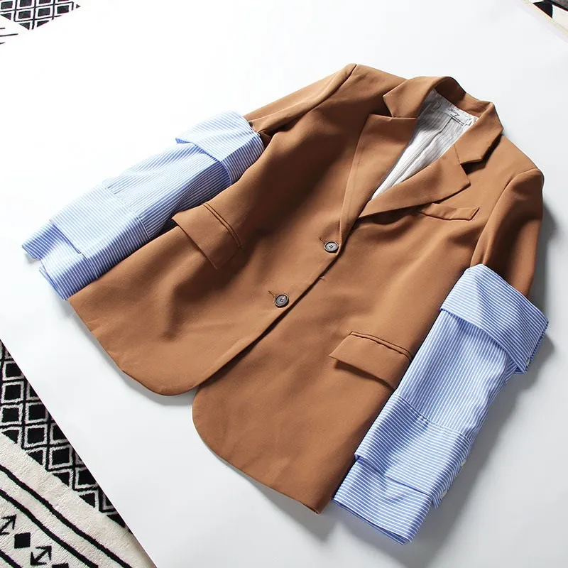 

Spring Two Piece Set Button Patchwork Striped Sleeve Blazer And Pleated Evening Dress Casual Set Sexy Women's Suits