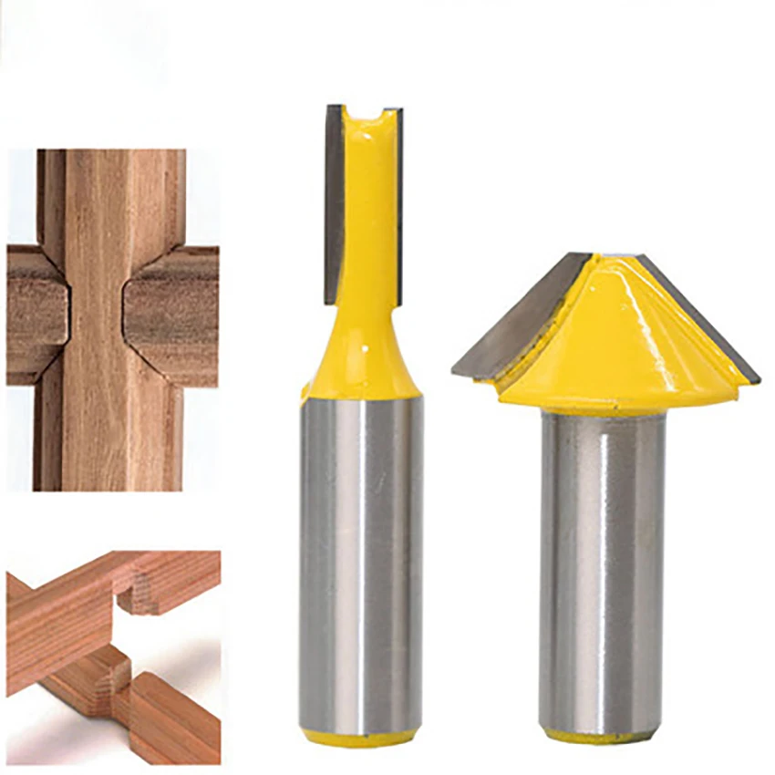 

2pcs/set flat bottom V-shape milling cutter 1/2 shank woodworking tools miter router kit for woodworker cutting carbide alloy