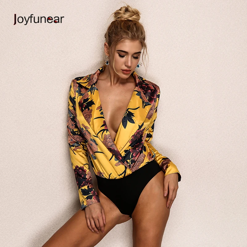 

Joyfunear Super Sexy Deep V Neck Long Sleeve Jumpsuit Floral Print Women Bodysuit Yellow Romper Club Night Palysuits Overalls