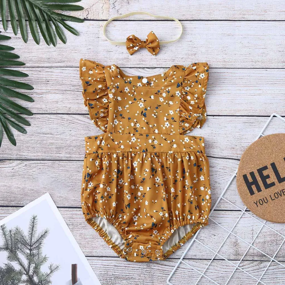 

MUQGEW Sweet Summer Toddler Baby GirlsFloral Print Flutter Sleeve Romper With Headband Jumpsuit Outfits Sunsuit Infant Clothing