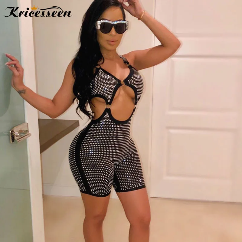 

Kricesseen Sexy Black Cut Out Crystal Short Jumpsuit Women Stretchy Studded Skinny One Piece Romper Overalls Sequins Playsuit