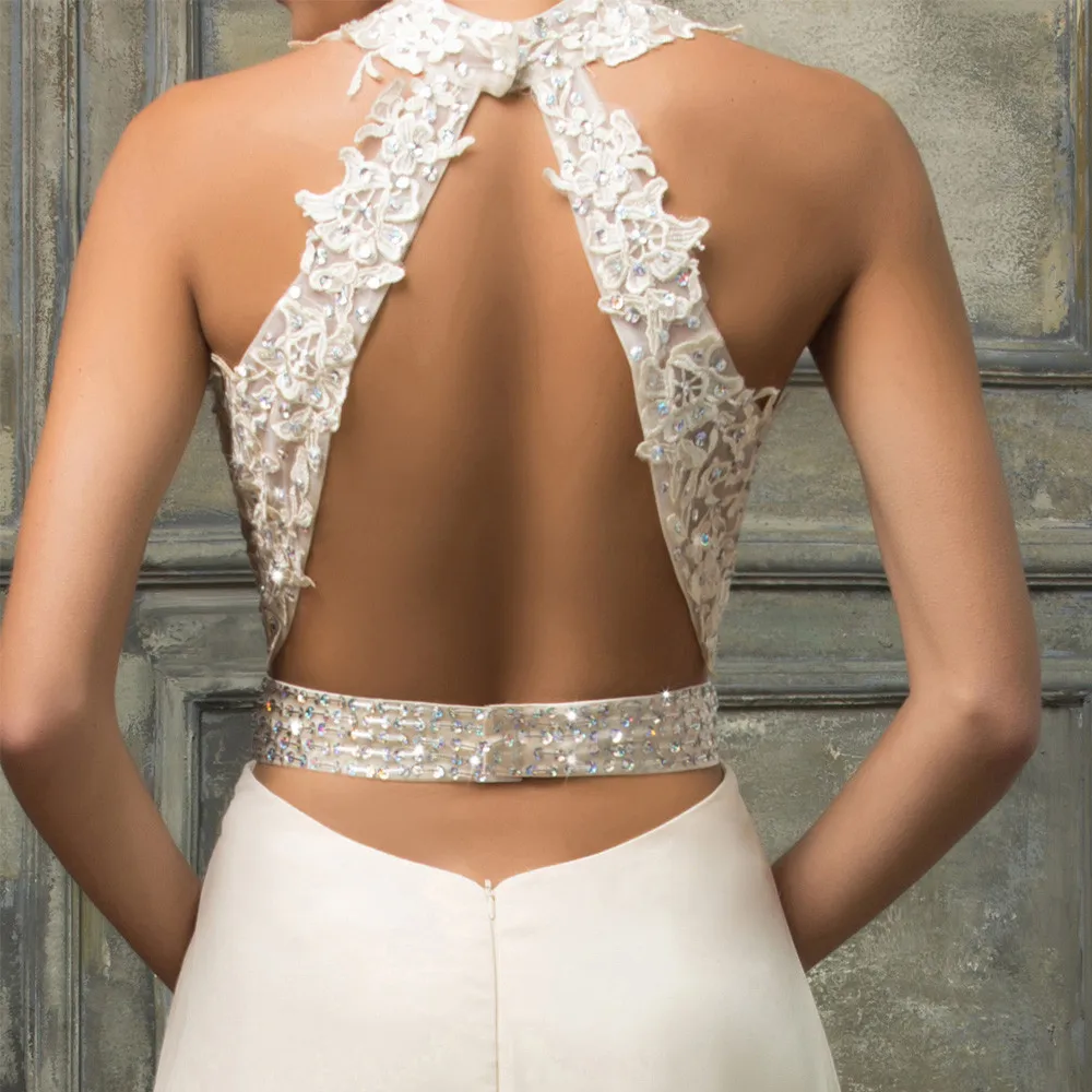 Sale – Beige Princess Embroidery Halter Backless A-line Wedding Dress