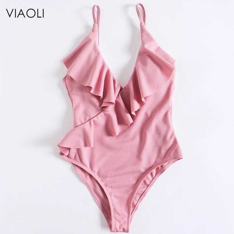 

Ruffled Conjoined Solid Color Sexy Swimsuit 2018 New Pink Yellow Highly Elastic Tight Swimwear V neck Ladies Beachwear Girls