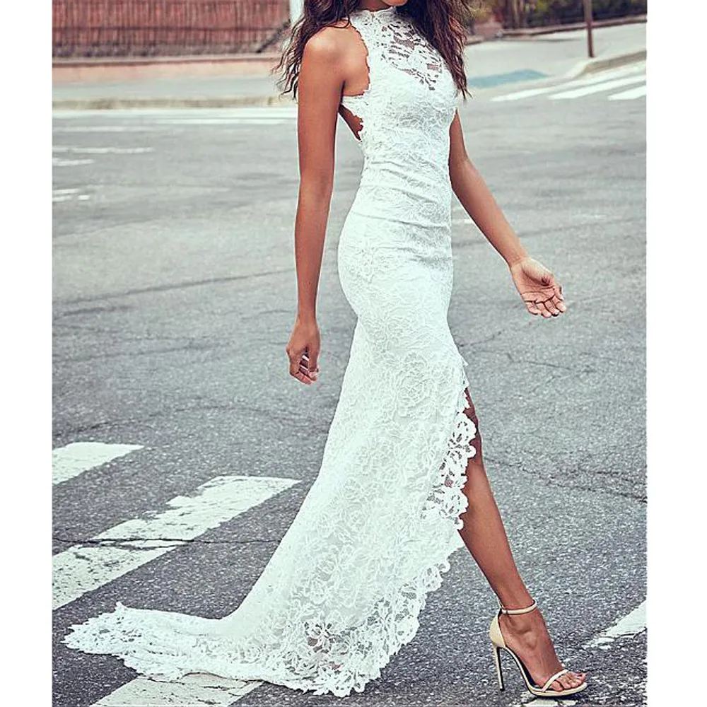 

SexeMara Gorgeous White Elegant Lace Hollow Out Embroidery Long Dress Women Fashion Maxi Dress Evening Party Beach Boho Dresses