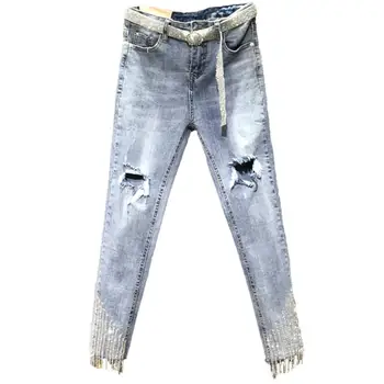 

2020 summer fashion beaded chain tassel hole jeans women skinny stretch high waist feet pencil jeans