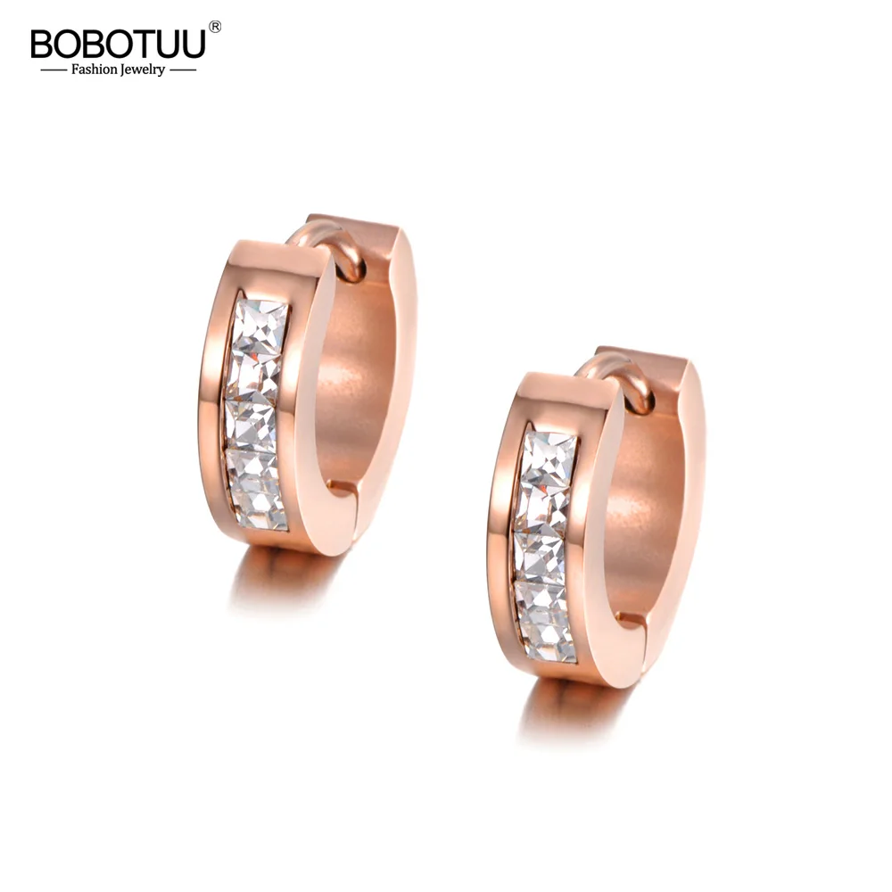 

BOBOTUU Cubic Zirconia Hoop Earrings White Crystal Jewelry Stainless Steel Rose Gold Color Rhinestone Earrings For Women BE18484