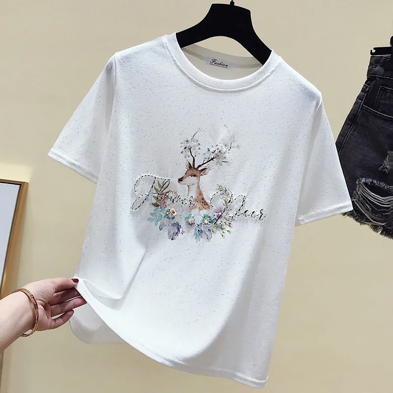 

Korea Fashion Cute Deer Logo Vogue Style Print 2019 Summer Loose Women's New O-Neck Soft Short-Sleeved T-shirt Tee Camisetas