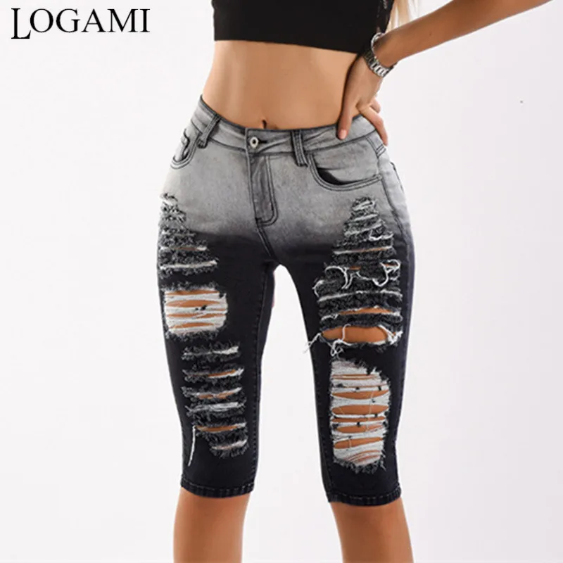 

LOGAMI Black Knee Length Ripped Jeans For Women Summer Moto&Biker Shorts Destroyed Midi Pencil Denim Jeans Woman