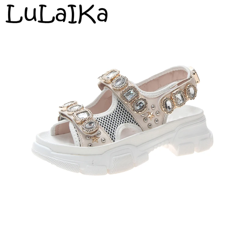 

2019 Sexy Spell Color Shining Rhinestone Round Head Woman High Platform Shoes New Comfortable Buckle Lady Party Sandals