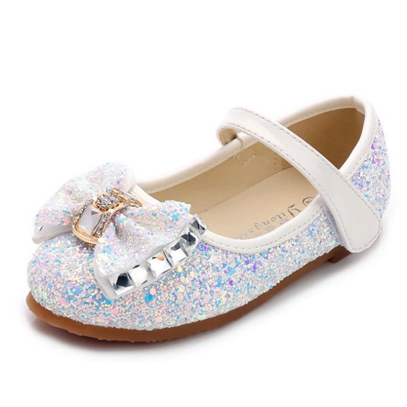 Детская обувь на плоской подошве для девочек; модные вечерние туфли принцессы с блестками и бантом для девочек; цвет синий, розовый, белый, светло-розовый; нескользящая Мягкая подошва для детей
