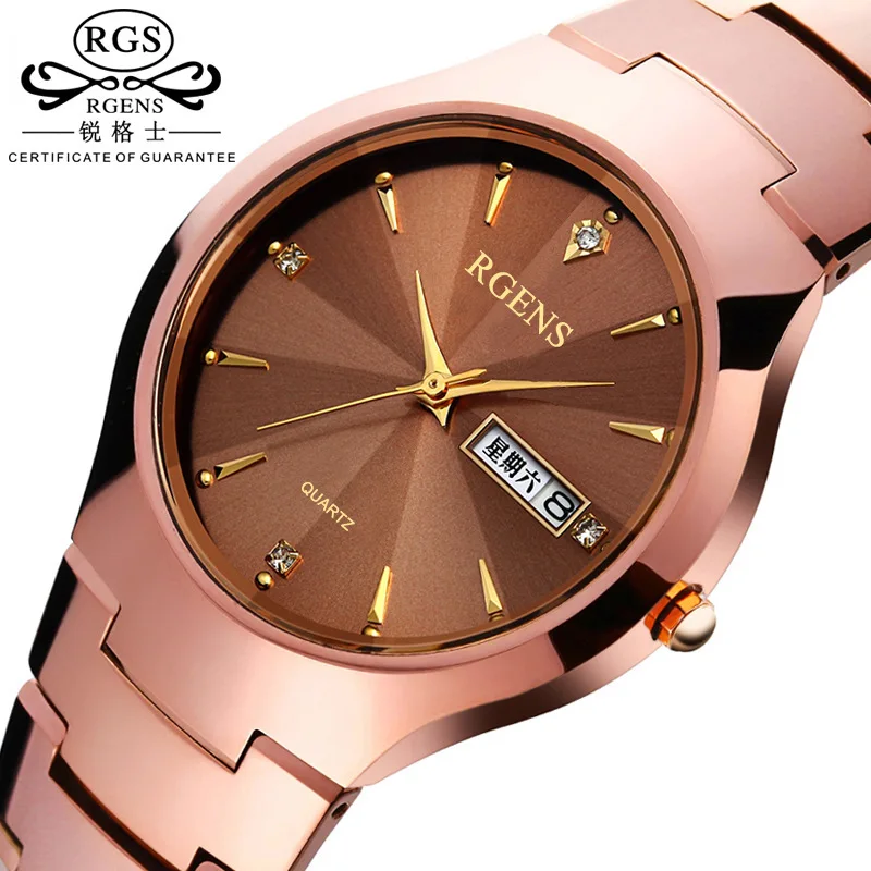 RGENS, брендовые роскошные золотые мужские часы, Кварцевая Вольфрамовая сталь, мужские наручные часы, календарь, неделя, водонепроницаемые, с бриллиантами, мужские часы - Цвет: Розовый